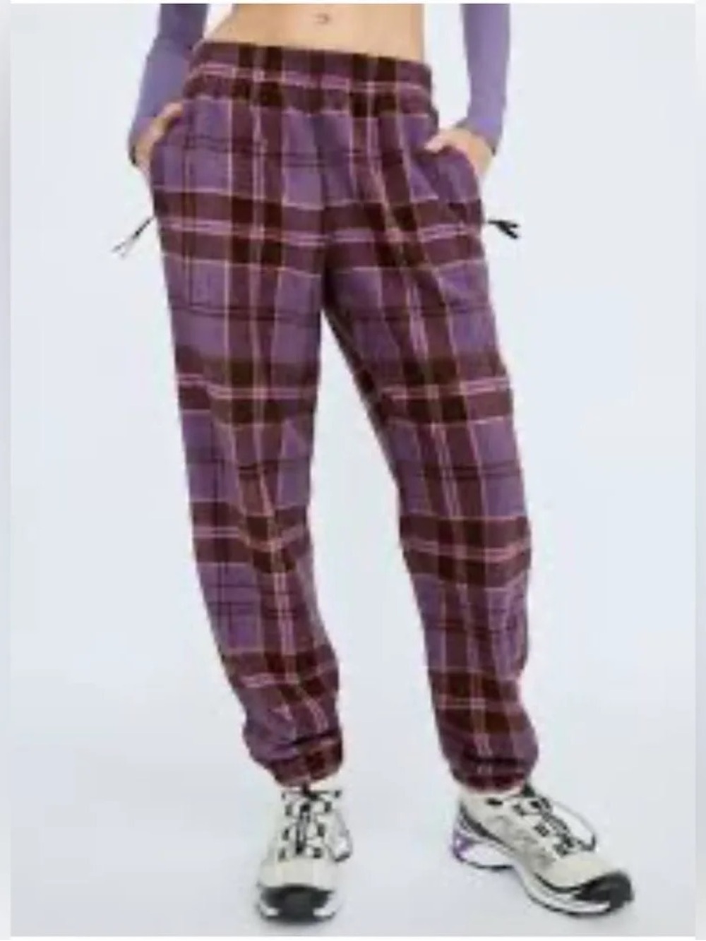 TNA | Aritzia Polar Joggers Fleece Purple Plaid Sporty Comfy Size Medium